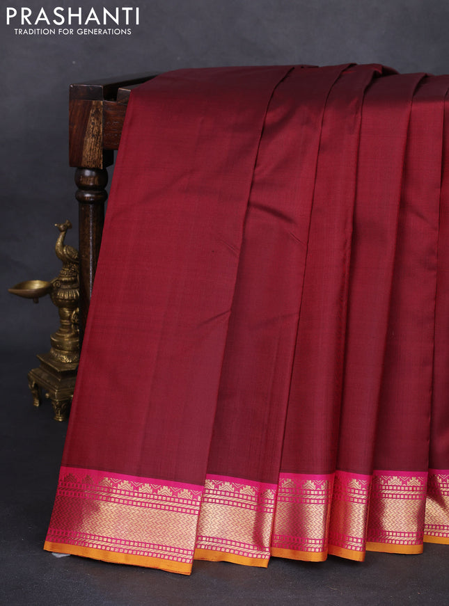Pure kanchipuram silk saree maroon and pink with plain body and zari woven korvai border