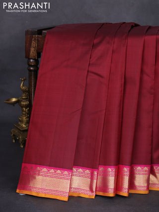 Pure kanchipuram silk saree maroon and pink with plain body and zari woven korvai border