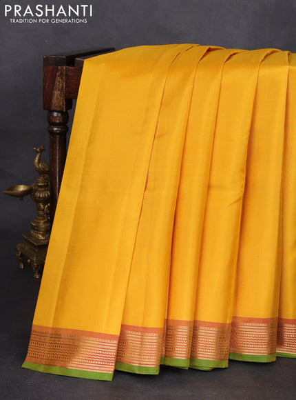 Pure kanchipuram silk saree yellow and dual shade of pink with plain body and zari woven border