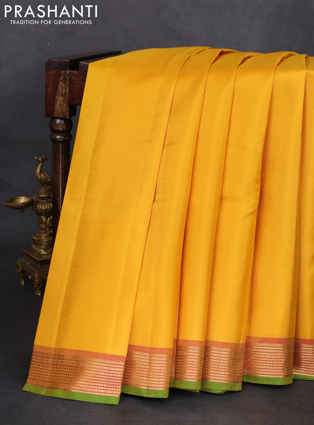 Pure kanchipuram silk saree yellow and dual shade of pink with plain body and zari woven border