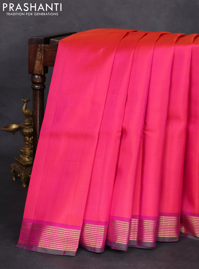 Pure kanchipuram silk saree dual shade of pink and dual shade of green with plain body and zari woven border