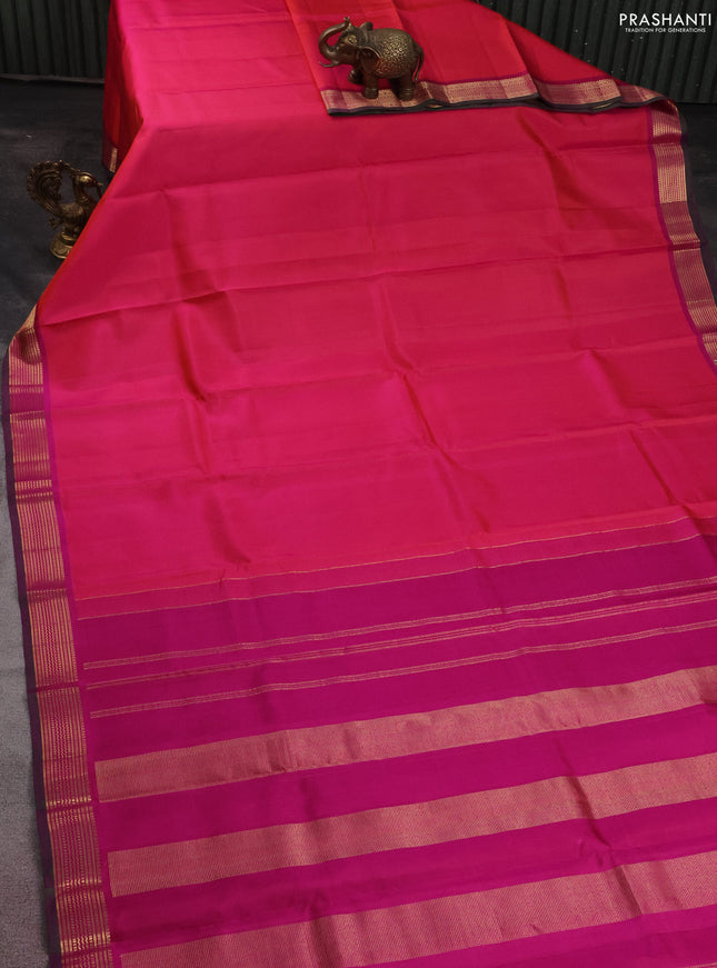 Pure kanchipuram silk saree dual shade of pink and dual shade of green with plain body and zari woven border