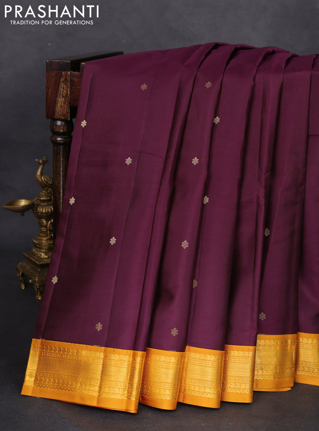 Pure kanchipuram silk saree wine shade and mustard yellow with zari woven buttas and zari woven korvai border