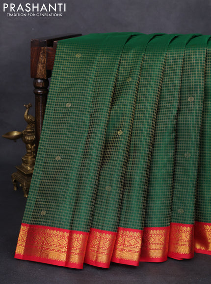 Pure kanchipuram silk saree green and red with allover small zari checks and zari woven korvai border