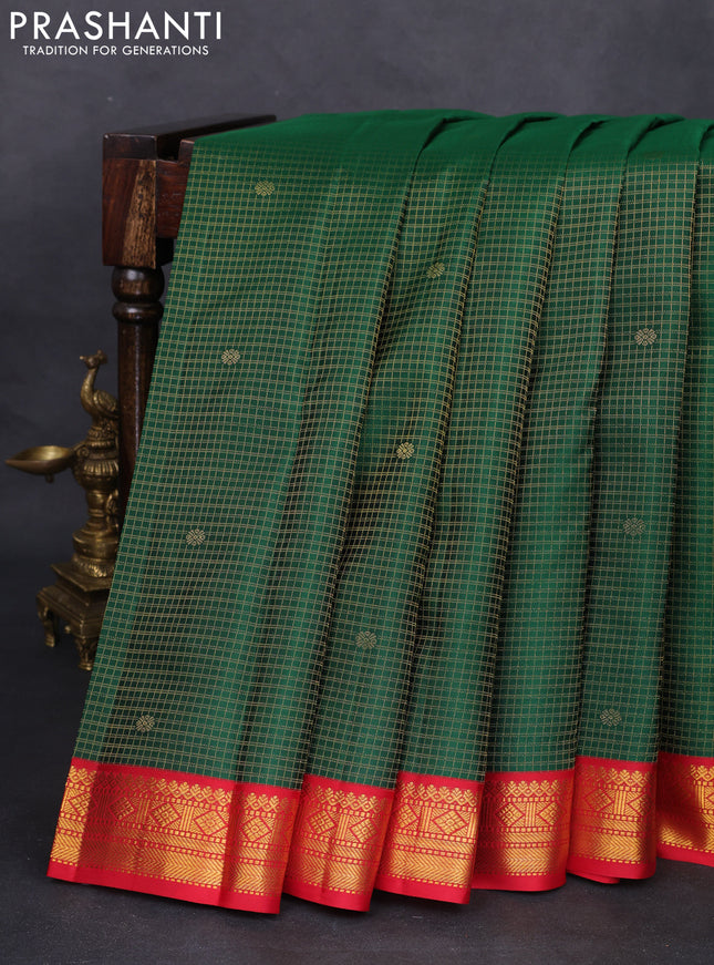 Pure kanchipuram silk saree green and red with allover small zari checks and zari woven korvai border