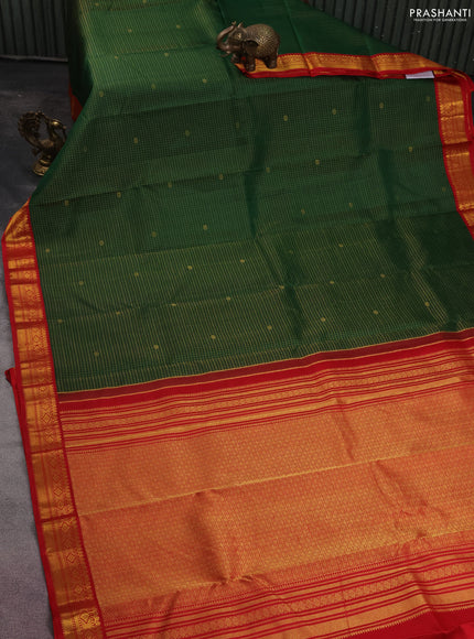 Pure kanchipuram silk saree green and red with allover small zari checks and zari woven korvai border
