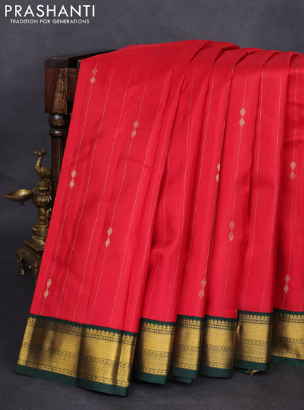 Pure kanchipuram silk saree red and bottle green with allover zari weaves and zari woven korvai border