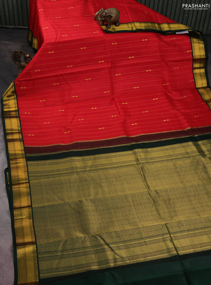 Pure kanchipuram silk saree red and bottle green with allover zari weaves and zari woven korvai border