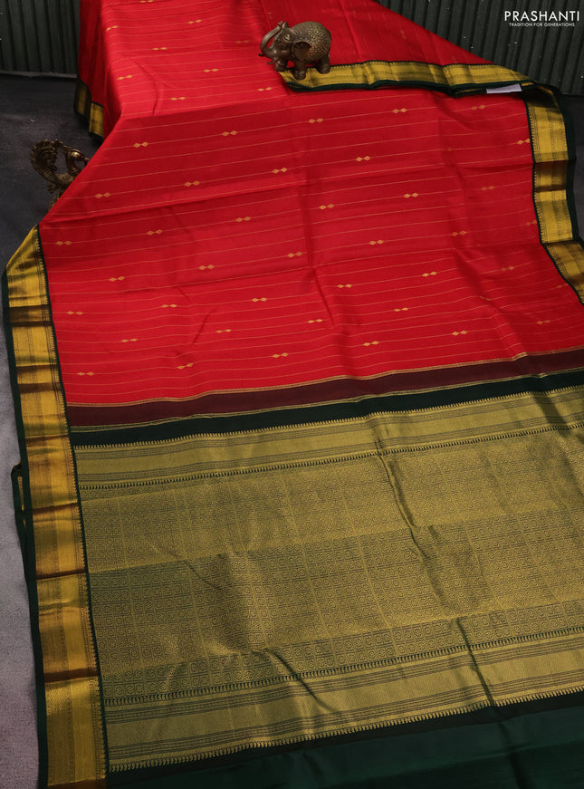 Pure kanchipuram silk saree red and bottle green with allover zari weaves and zari woven korvai border
