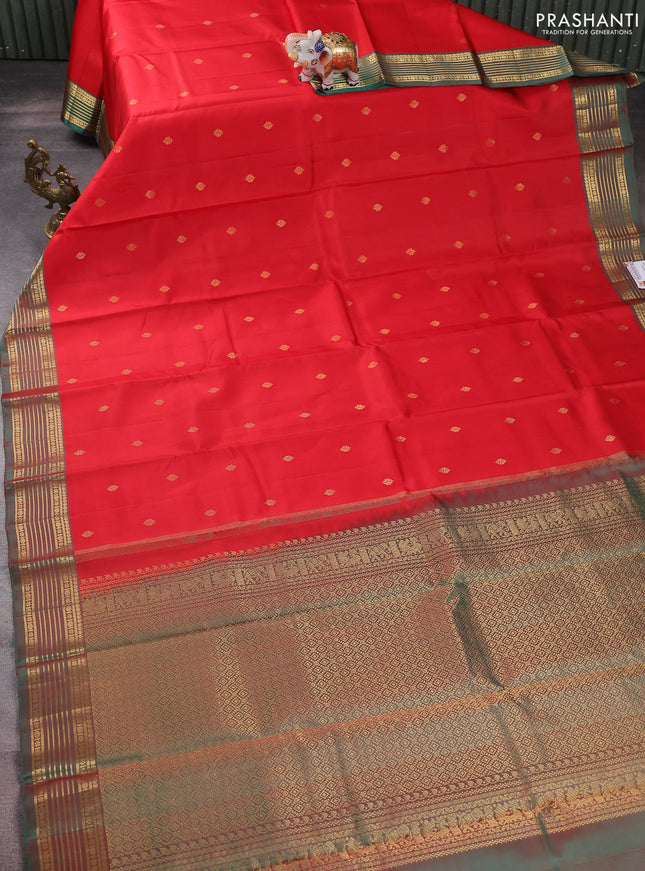 Pure kanchipuram silk saree red and teal green with zari woven buttas and zari woven border