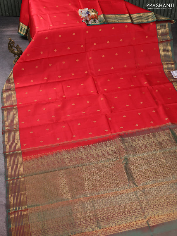 Pure kanchipuram silk saree red and teal green with zari woven buttas and zari woven border