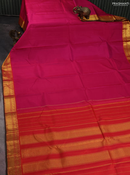 Pure kanchipuram silk saree pink and red with plain body and zari woven border