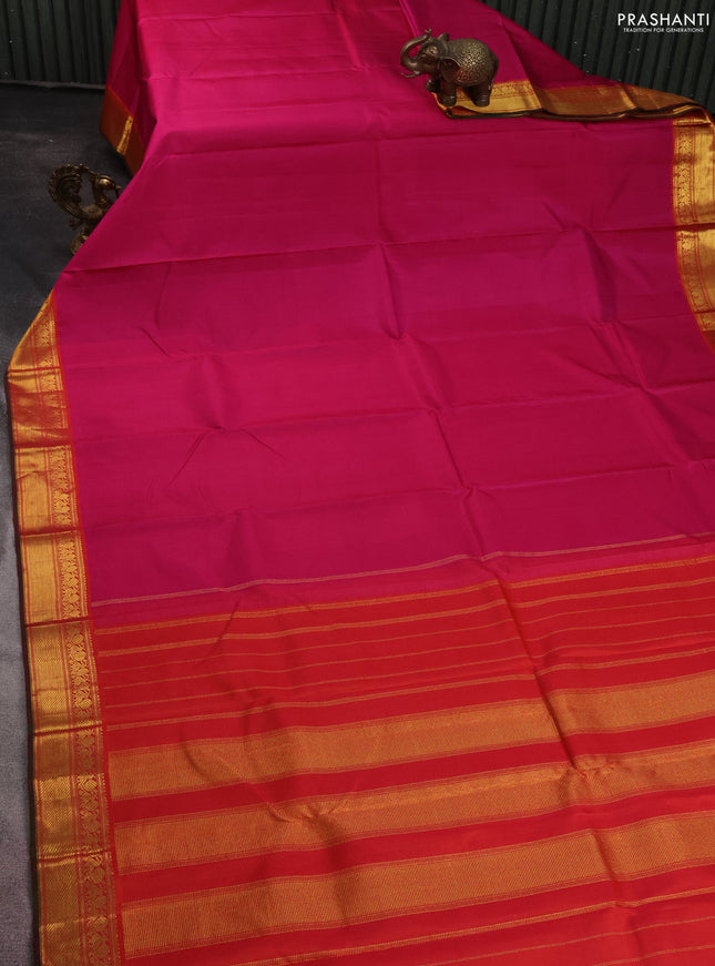 Pure kanchipuram silk saree pink and red with plain body and zari woven border