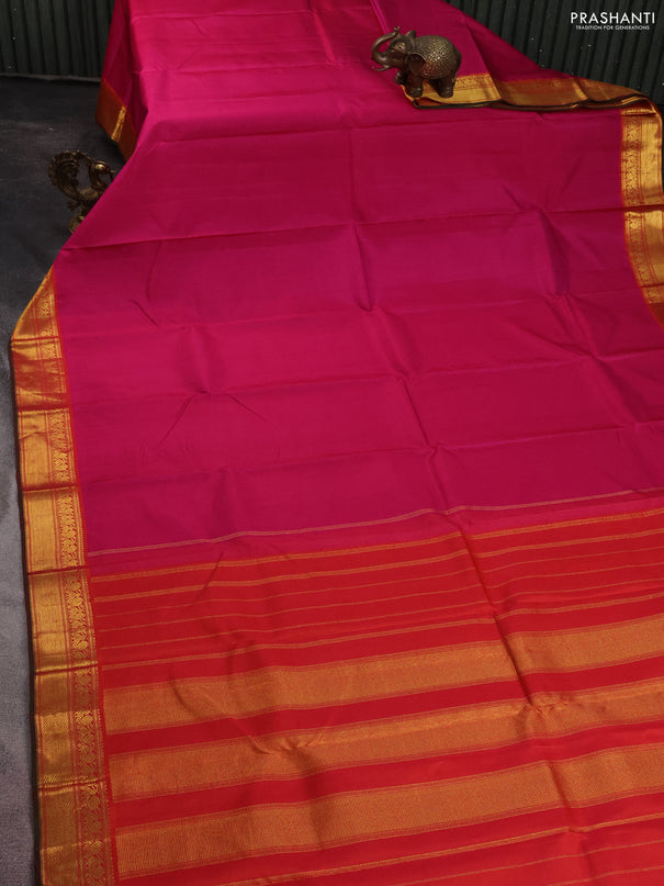 Pure kanchipuram silk saree pink and red with plain body and zari woven border