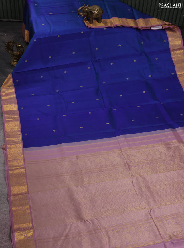 Pure kanchipuram silk saree blue and pastel pink with zari woven buttas and zari woven korvai border