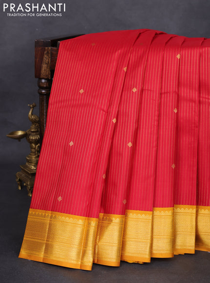 Pure kanchipuram silk saree red and mustard yellow with allover zari weaves & buttas and zari woven border
