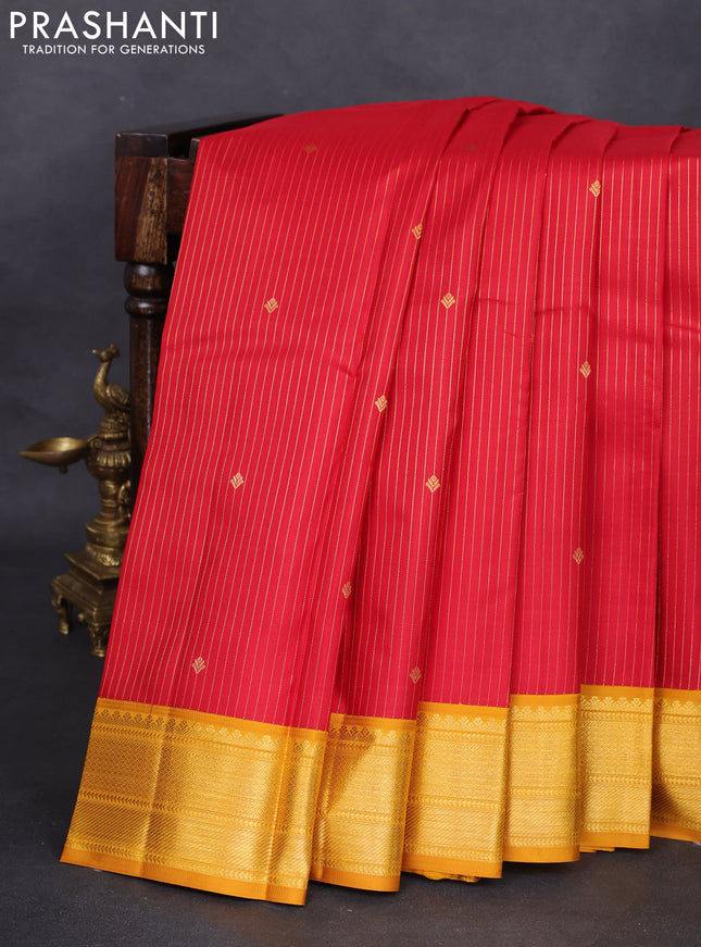 Pure kanchipuram silk saree red and mustard yellow with allover zari weaves & buttas and zari woven border