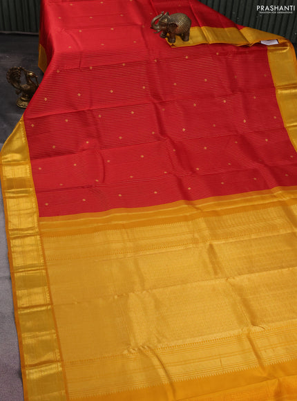 Pure kanchipuram silk saree red and mustard yellow with allover zari weaves & buttas and zari woven border