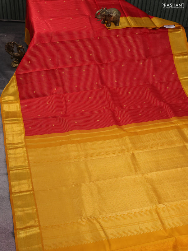 Pure kanchipuram silk saree red and mustard yellow with allover zari weaves & buttas and zari woven border