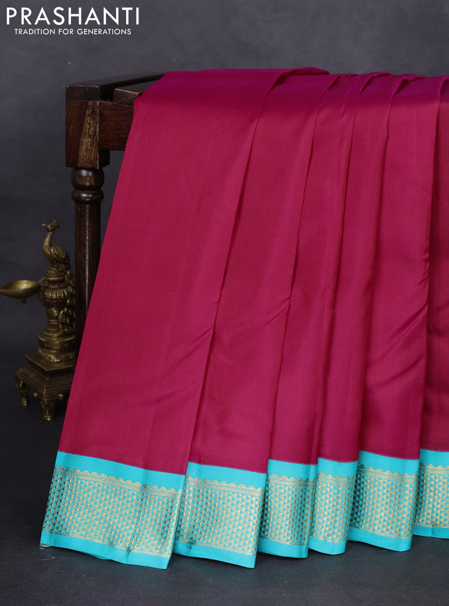 Pure kanchipuram silk saree pink and teal blue with plain body and zari woven korvai border