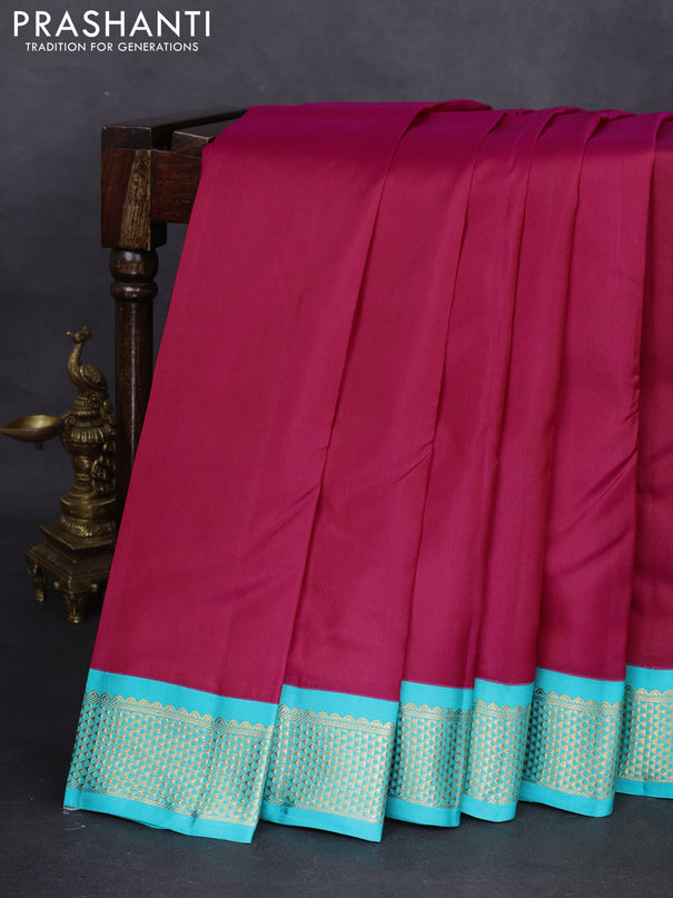 Pure kanchipuram silk saree pink and teal blue with plain body and zari woven korvai border