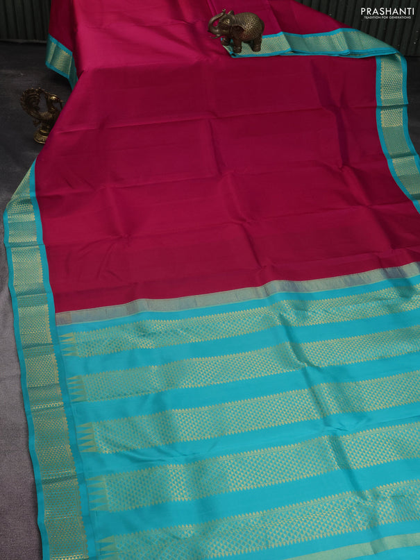 Pure kanchipuram silk saree pink and teal blue with plain body and zari woven korvai border