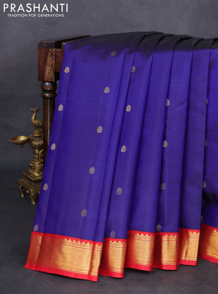 Pure kanchipuram silk saree blue and red with zari woven buttas and zari woven korvai border