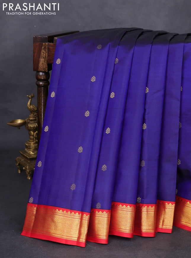 Pure kanchipuram silk saree blue and red with zari woven buttas and zari woven korvai border