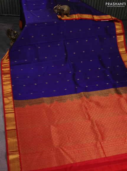Pure kanchipuram silk saree blue and red with zari woven buttas and zari woven korvai border