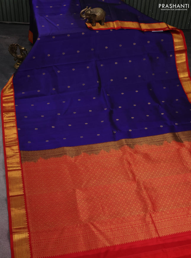 Pure kanchipuram silk saree blue and red with zari woven buttas and zari woven korvai border