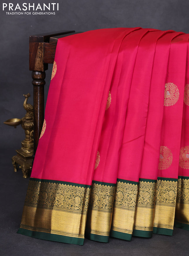 Pure kanchipuram silk saree pink and dark green with zari woven buttas and zari woven korvai border