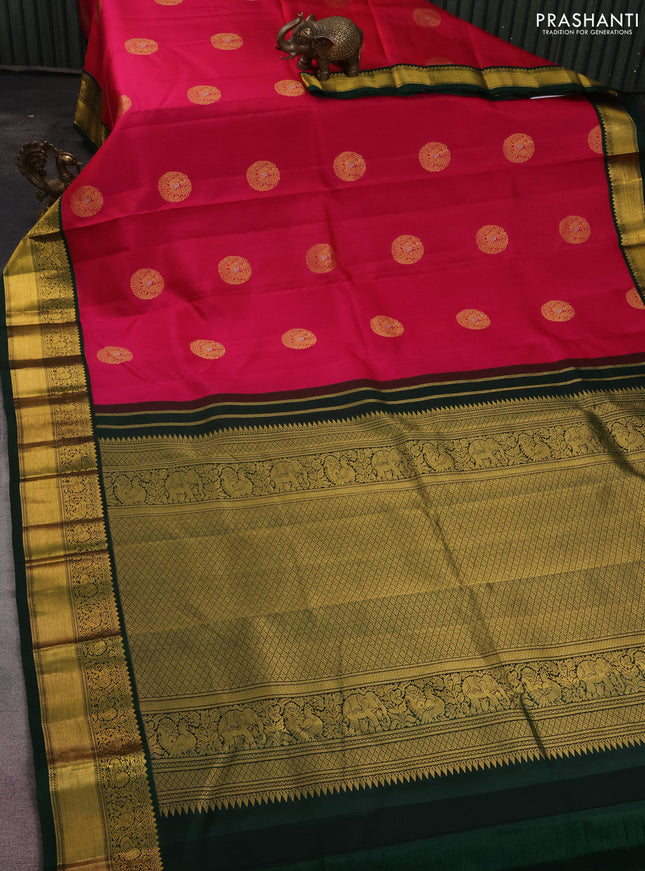 Pure kanchipuram silk saree pink and dark green with zari woven buttas and zari woven korvai border
