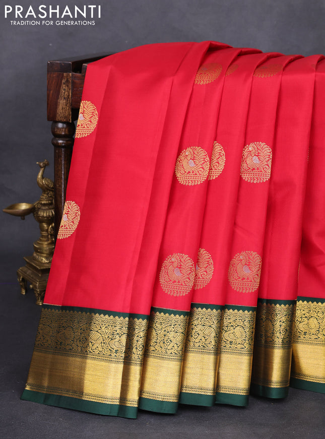 Pure kanchipuram silk saree red and green with zari woven buttas and zari woven korvai border