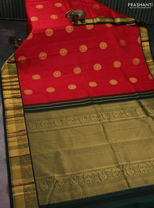 Pure kanchipuram silk saree red and green with zari woven buttas and zari woven korvai border
