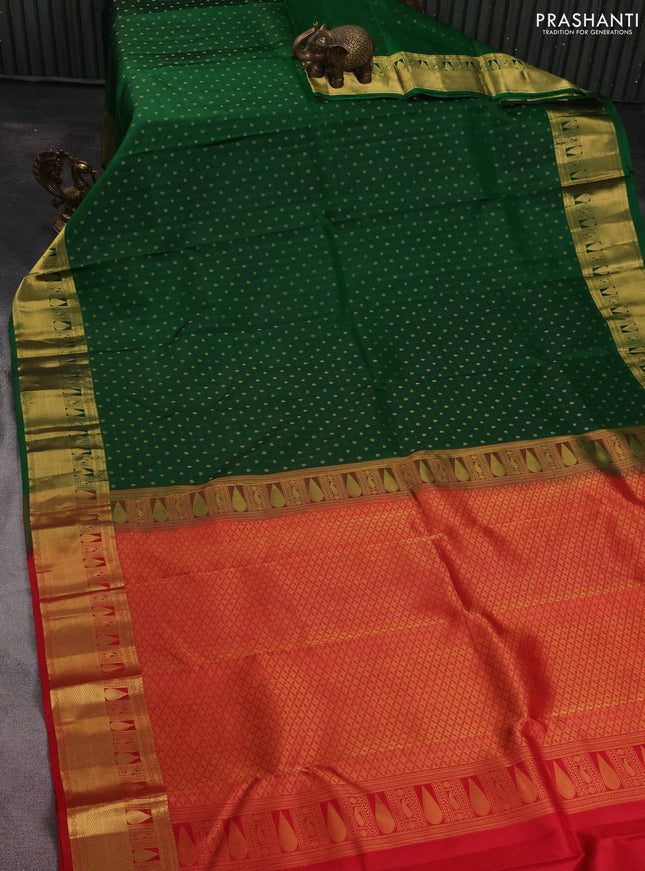 Pure kanchipuram silk saree green and red with zari woven 1000 buttas and zari woven border