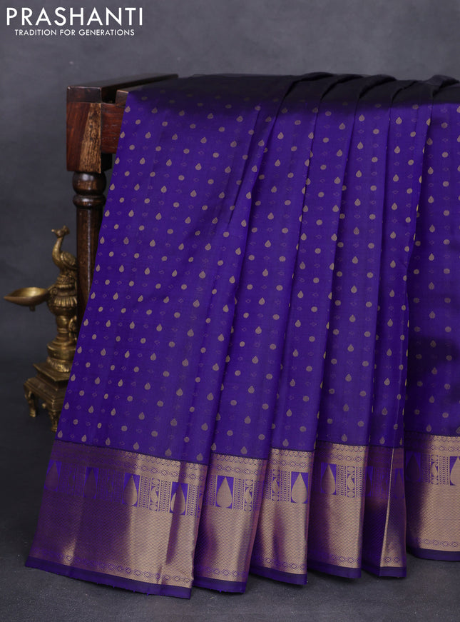 Pure kanchipuram silk saree blue with zari woven 1000 buttas and zari woven border
