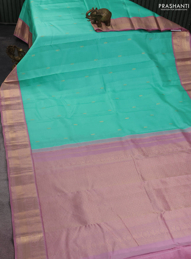 Pure kanchipuram silk saree teal green and pastel pink with zari woven buttas and zari woven border
