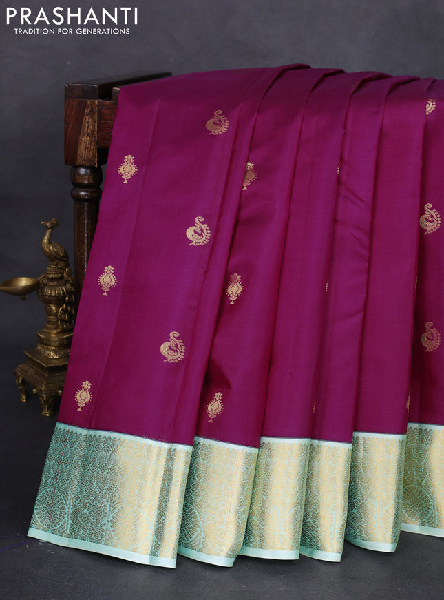 Pure kanchipuram silk saree purple and teal blue with zari woven buttas and zari woven korvai border