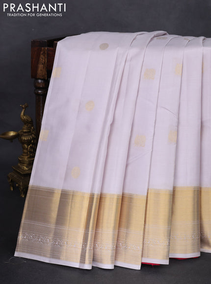 Pure kanchipuram silk saree off white and maroon with zari woven buttas and zari woven border