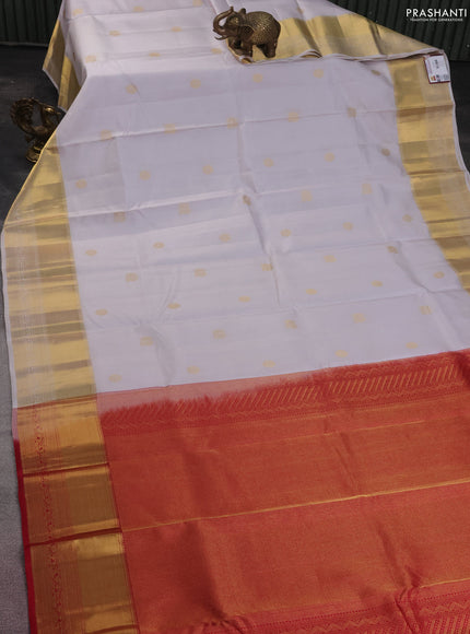 Pure kanchipuram silk saree off white and maroon with zari woven buttas and zari woven border