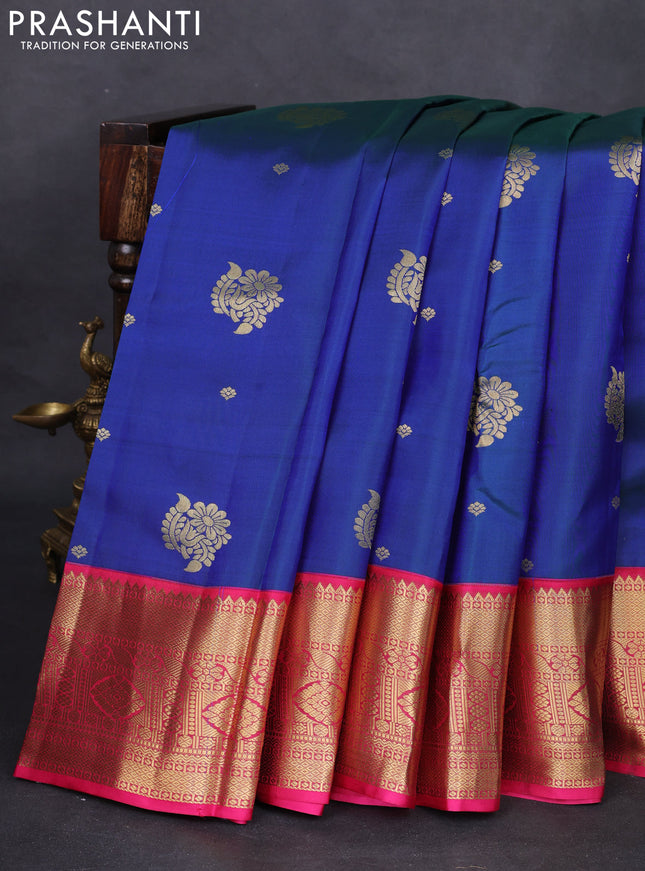 Pure kanchipuram silk saree dual shade of bluish green and pink with zari woven buttas and zari woven korvai border