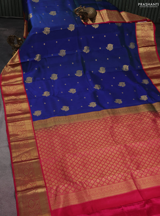 Pure kanchipuram silk saree dual shade of bluish green and pink with zari woven buttas and zari woven korvai border