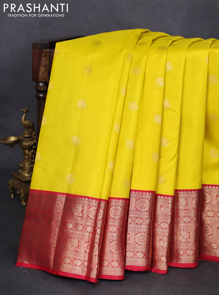 Pure kanchipuram silk saree yellow and red with zari woven buttas and zari woven korvai border
