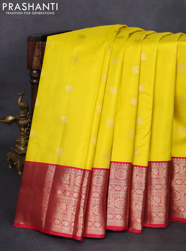 Pure kanchipuram silk saree yellow and red with zari woven buttas and zari woven korvai border