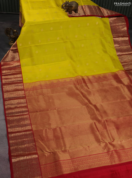 Pure kanchipuram silk saree yellow and red with zari woven buttas and zari woven korvai border