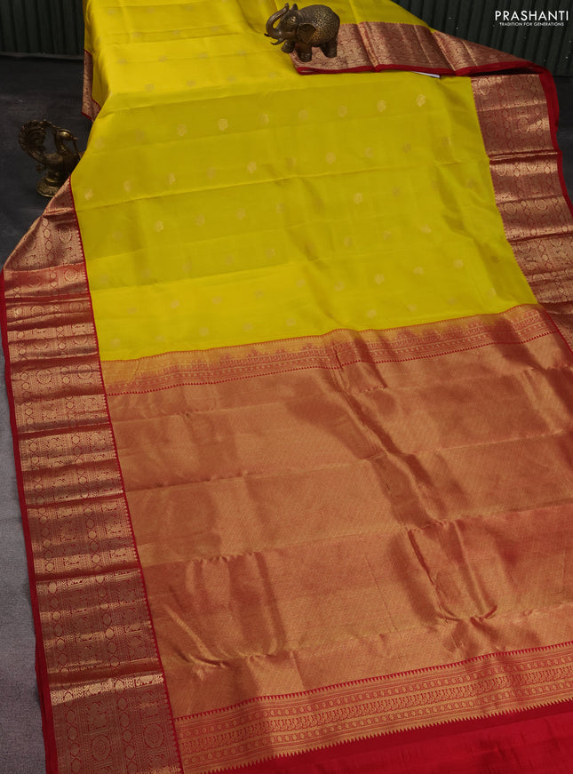Pure kanchipuram silk saree yellow and red with zari woven buttas and zari woven korvai border
