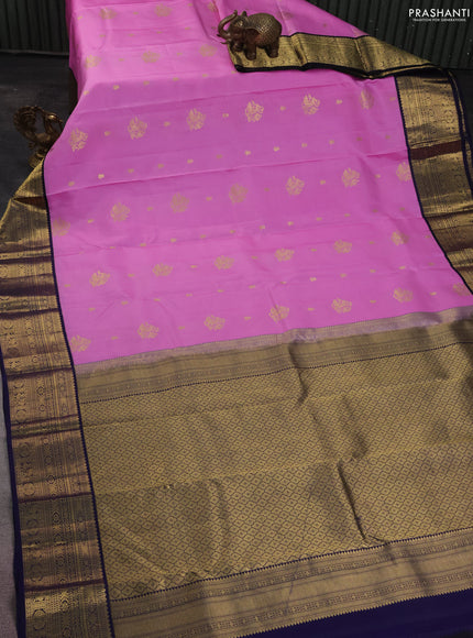 Pure kanchipuram silk saree light pink and navy blue with zari woven buttas and zari woven korvai border