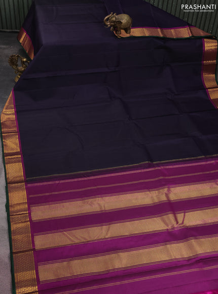 Pure kanchipuram silk saree navy blue and magenta pink with plain body and zari woven border