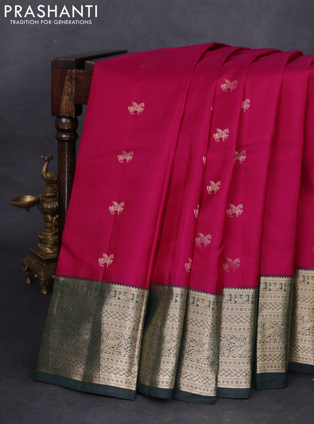 Pure kanchipuram silk saree pink and bottle green with zari woven buttas and zari woven border