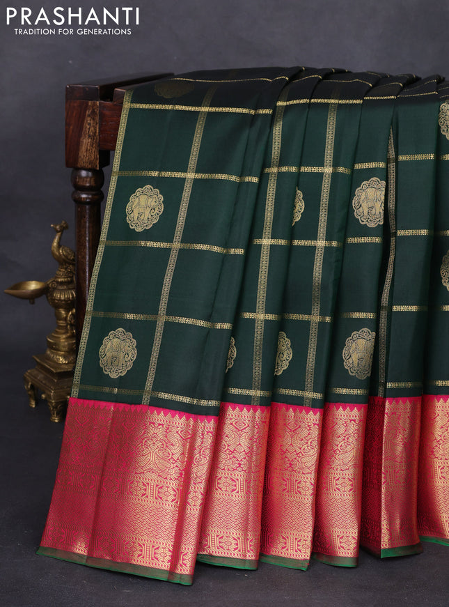 Pure kanchipuram silk saree dark green and pink with allover zari checks & buttas and zari woven korvai border